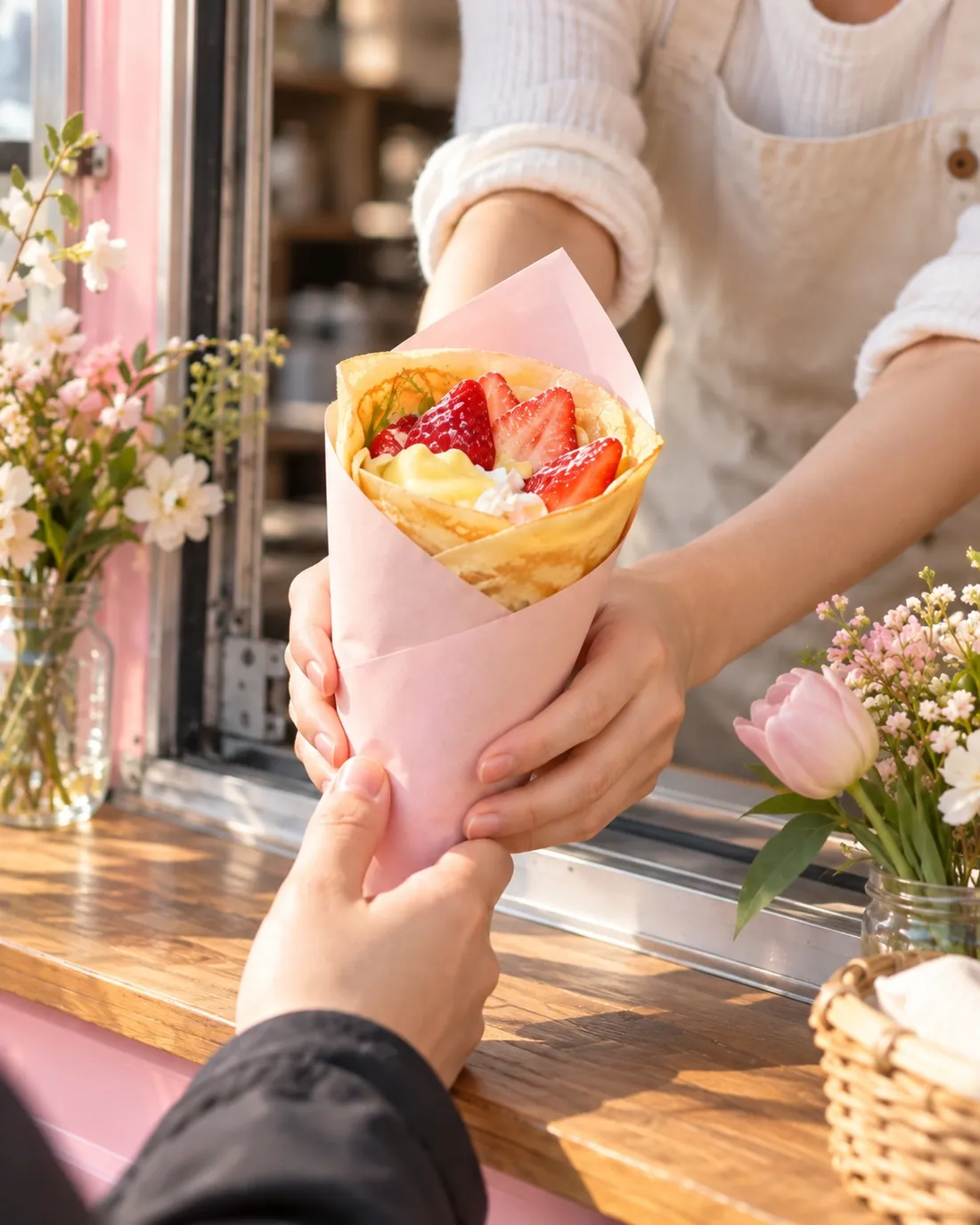 キッチンカーの窓からクレープを手渡すところ